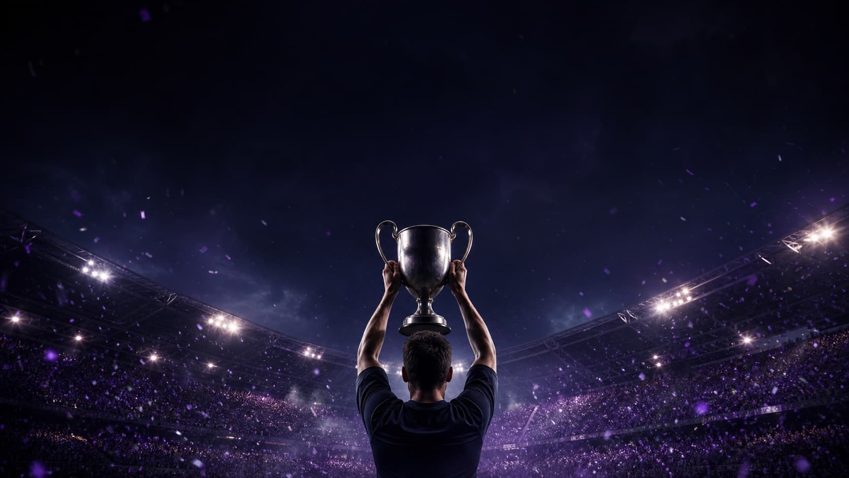 Futbolista ficticio levantando una copa ante un estadio lleno
